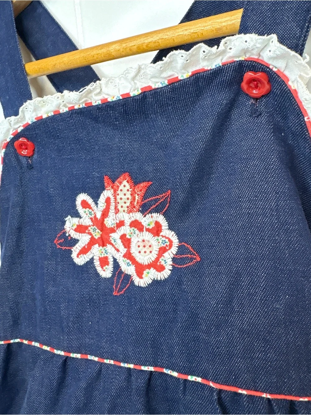 Vintage Healthtex Girls Denim Overall Jumper Dress Floral Embroidered